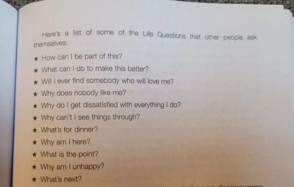 A list of questions in a book, including "what's for dinner?"